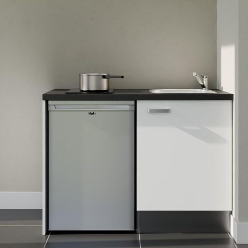 Kitchenette K08l-pt - 120 Cm-façade Blanc-plan Noir Texturé-evier Inox-crédences Non+electro Inox