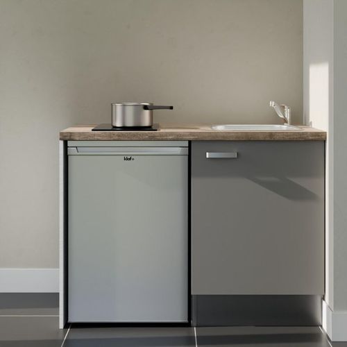 Kitchenette K08l-pt - 120 Cm-façade Gris-plan Bois-evier Inox-crédences Non+electro Inox