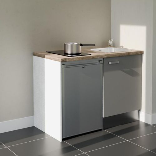 Kitchenette K08l-pt - 120 Cm-façade Gris-plan Bois-evier Inox-crédences Non+electro Inox
