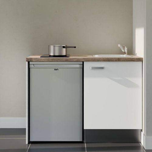 Kitchenette K08l-pt - 120 Cm-façade Blanc-plan Bois-evier Inox-crédences Non+electro Inox