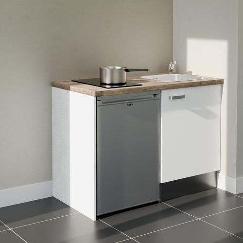 Kitchenette K08l-pt - 120 Cm-façade Blanc-plan Bois-evier Inox-crédences Non+electro Inox