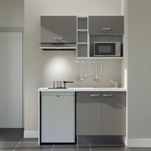 Kitchenette K13l-pt - 140 Cm-façade Gris-plan Blanc-evier Inox-crédences Non+electro Inox
