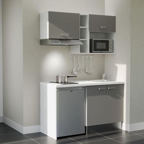 Kitchenette K13l-pt - 140 Cm-façade Gris-plan Blanc-evier Inox-crédences Non+electro Inox