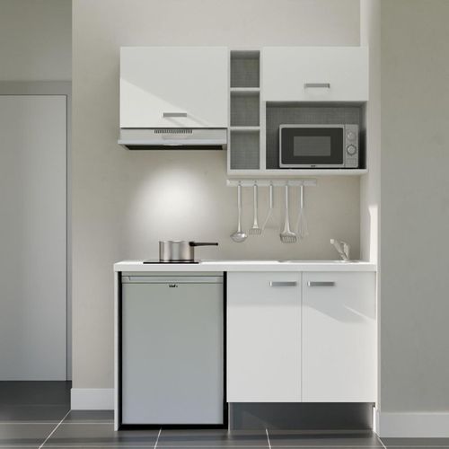 Kitchenette K13l-pt - 140 Cm-façade Blanc-plan Blanc-evier Inox-crédences Non+electro Inox