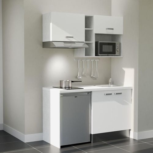 Kitchenette K13l-pt - 140 Cm-façade Blanc-plan Blanc-evier Inox-crédences Non+electro Inox