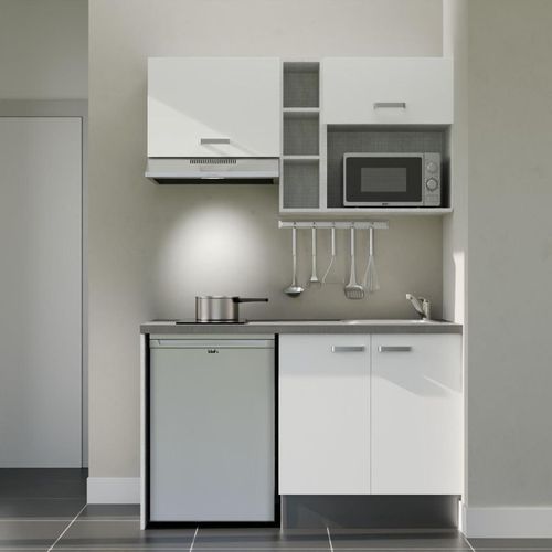 Kitchenette K13l-pt - 140 Cm-façade Blanc-plan Gris Béton-evier Inox-crédences Non+electro Inox