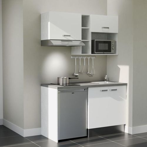 Kitchenette K13l-pt - 140 Cm-façade Blanc-plan Gris Béton-evier Inox-crédences Non+electro Inox