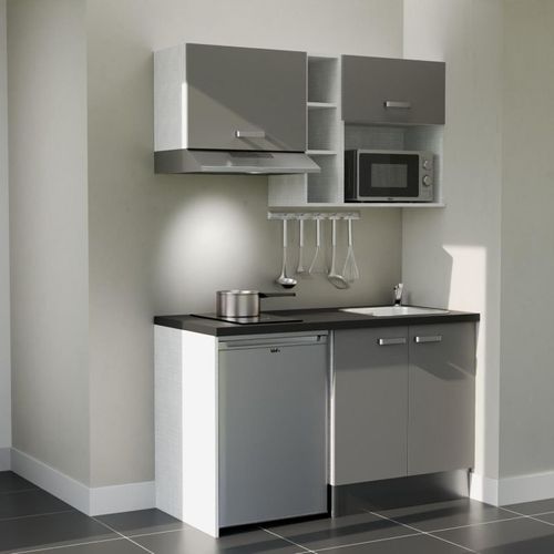 Kitchenette K13l-pt - 140 Cm-façade Gris-plan Noir Texturé-evier Inox-crédences Non+electro Inox