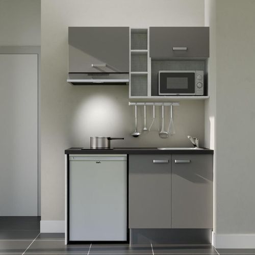 Kitchenette K13l-pt - 140 Cm-façade Gris-plan Noir Texturé-evier Inox-crédences Non+electro Inox