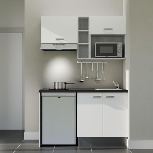 Kitchenette K13l-pt - 140 Cm-façade Blanc-plan Noir Texturé-evier Inox-crédences Non+electro Inox