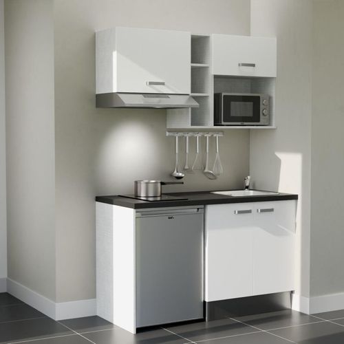 Kitchenette K13l-pt - 140 Cm-façade Blanc-plan Noir Texturé-evier Inox-crédences Non+electro Inox