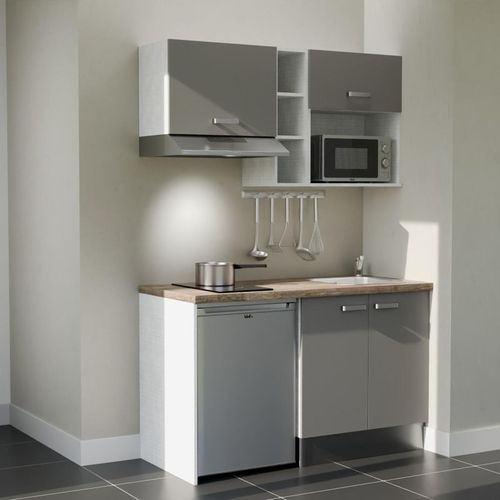 Kitchenette K13l-pt - 140 Cm-façade Gris-plan Bois-evier Inox-crédences Non+electro Inox