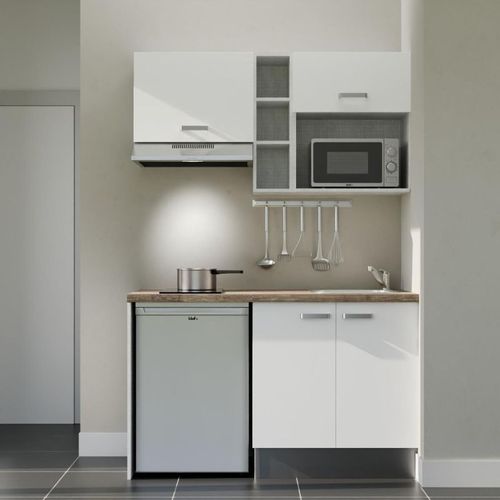 Kitchenette K13l-pt - 140 Cm-façade Blanc-plan Bois-evier Inox-crédences Non+electro Inox