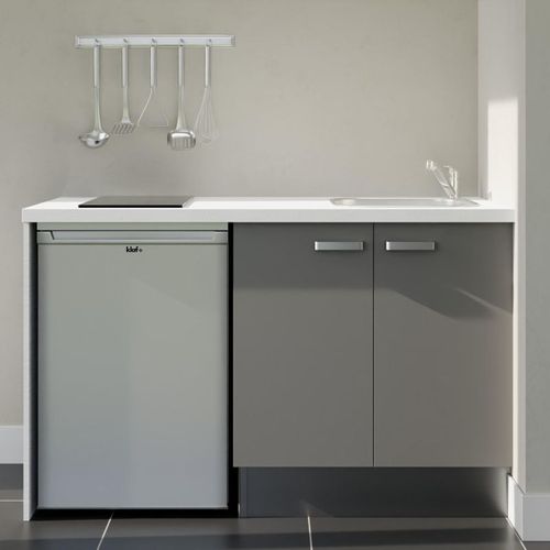 Kitchenette K17l-pt - 140 Cm-façade Gris-plan Blanc-evier Inox-crédences Non+electro Inox