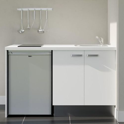 Kitchenette K17l-pt - 140 Cm-façade Blanc-plan Blanc-evier Inox-crédences Non+electro Inox