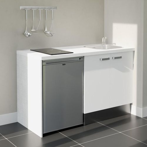 Kitchenette K17l-pt - 140 Cm-façade Blanc-plan Blanc-evier Inox-crédences Non+electro Inox