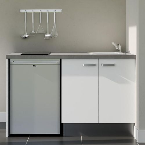 Kitchenette K17l-pt - 140 Cm-façade Blanc-plan Gris Béton-evier Inox-crédences Non+electro Inox