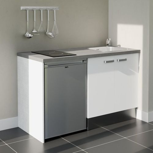 Kitchenette K17l-pt - 140 Cm-façade Blanc-plan Gris Béton-evier Inox-crédences Non+electro Inox