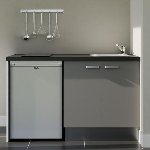 Kitchenette K17l-pt - 140 Cm-façade Gris-plan Noir Texturé-evier Inox-crédences Non+electro Inox