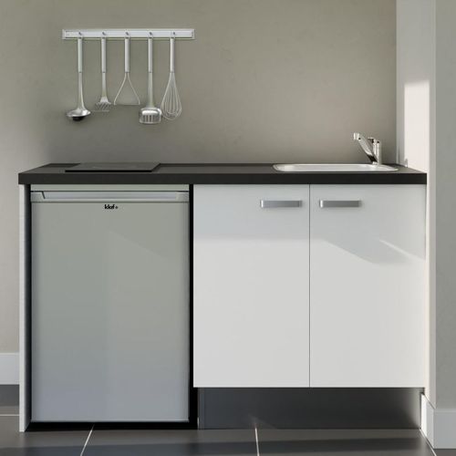 Kitchenette K17l-pt - 140 Cm-façade Blanc-plan Noir Texturé-evier Inox-crédences Non+electro Inox