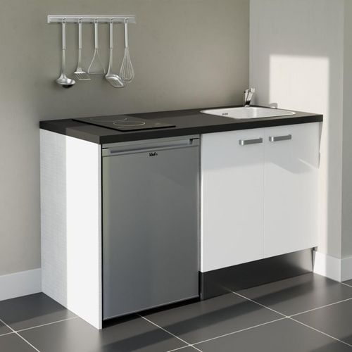 Kitchenette K17l-pt - 140 Cm-façade Blanc-plan Noir Texturé-evier Inox-crédences Non+electro Inox