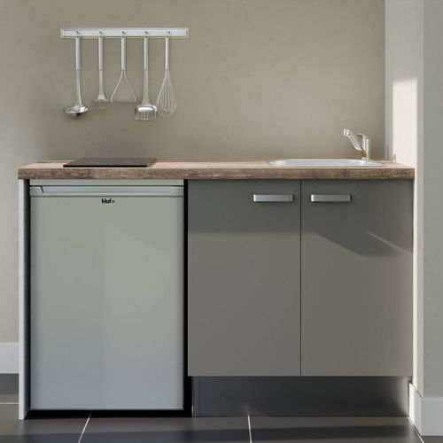 Kitchenette K17l-pt - 140 Cm-façade Gris-plan Bois-evier Inox-crédences Non+electro Inox