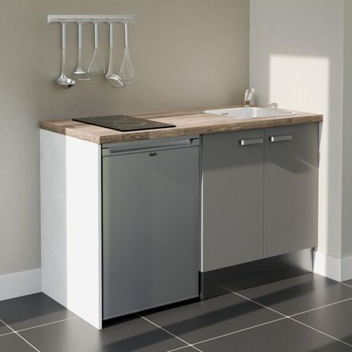 Kitchenette K17l-pt - 140 Cm-façade Gris-plan Bois-evier Inox-crédences Non+electro Inox