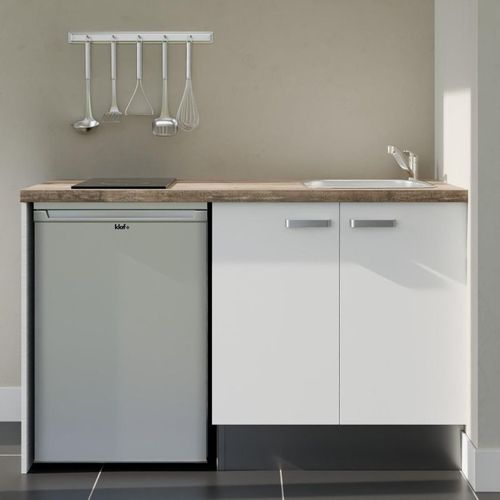Kitchenette K17l-pt - 140 Cm-façade Blanc-plan Bois-evier Inox-crédences Non+electro Inox