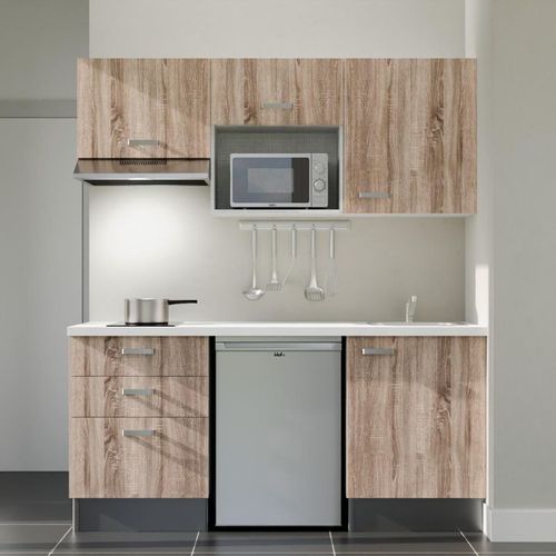 Kitchenette K20l-pt - 180 Cm-façade Bois-plan Blanc-evier Inox-crédences Non+electro Inox