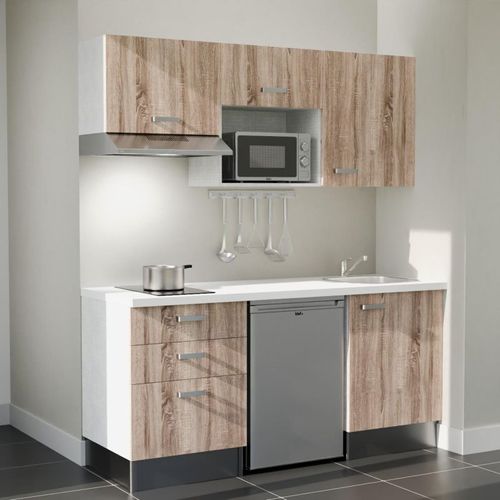 Kitchenette K20l-pt - 180 Cm-façade Bois-plan Blanc-evier Inox-crédences Non+electro Inox