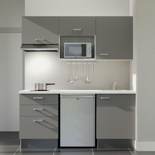 Kitchenette K20l-pt - 180 Cm-façade Gris-plan Blanc-evier Inox-crédences Non+electro Inox