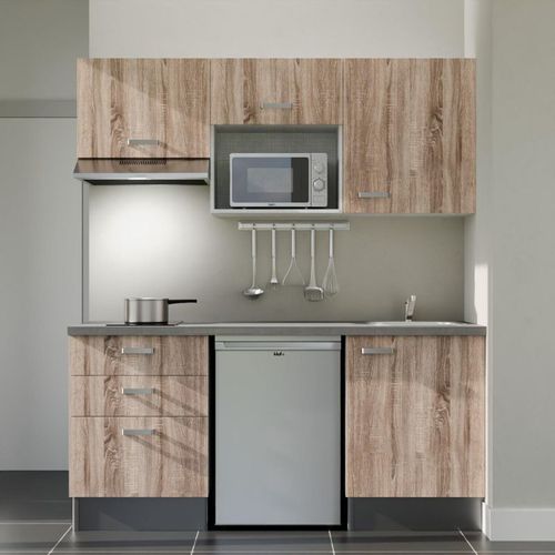 Kitchenette K20l-pt - 180 Cm-façade Bois-plan Gris Béton-evier Inox-crédences Non+electro Inox