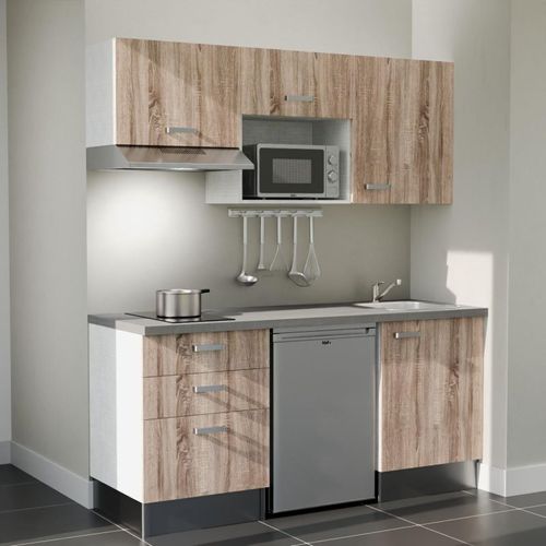 Kitchenette K20l-pt - 180 Cm-façade Bois-plan Gris Béton-evier Inox-crédences Non+electro Inox