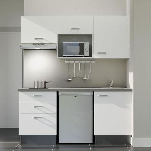 Kitchenette K20l-pt - 180 Cm-façade Blanc-plan Gris Béton-evier Inox-crédences Non+electro Inox