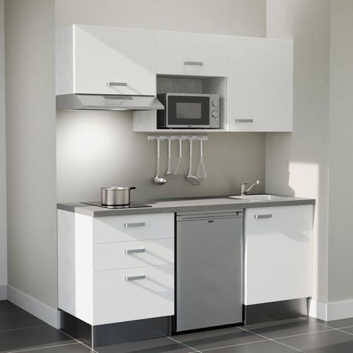 Kitchenette K20l-pt - 180 Cm-façade Blanc-plan Gris Béton-evier Inox-crédences Non+electro Inox