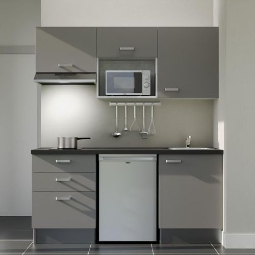 Kitchenette K20l-pt - 180 Cm-façade Gris-plan Noir Texturé-evier Inox-crédences Non+electro Inox