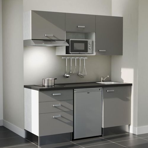 Kitchenette K20l-pt - 180 Cm-façade Gris-plan Noir Texturé-evier Inox-crédences Non+electro Inox