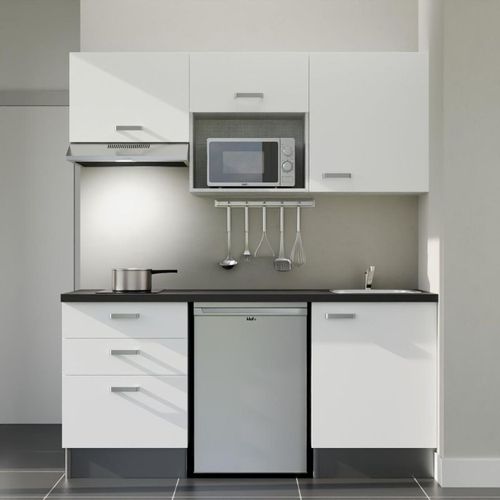 Kitchenette K20l-pt - 180 Cm-façade Blanc-plan Noir Texturé-evier Inox-crédences Non+electro Inox
