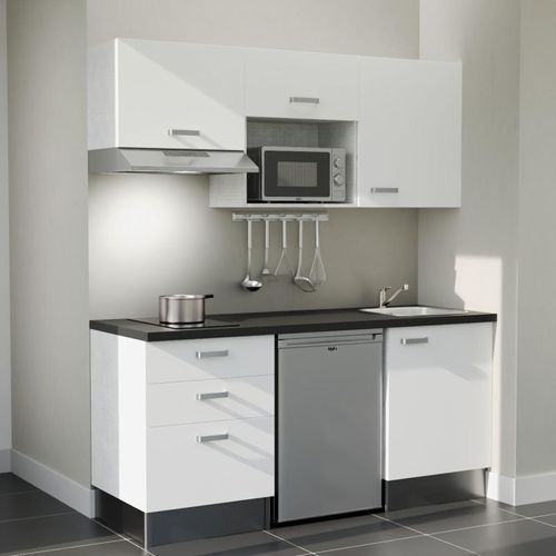 Kitchenette K20l-pt - 180 Cm-façade Blanc-plan Noir Texturé-evier Inox-crédences Non+electro Inox