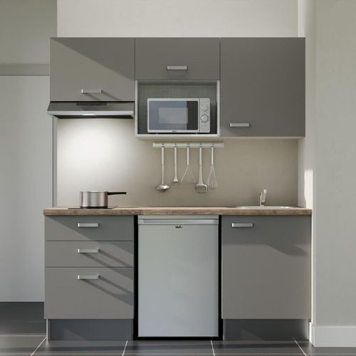 Kitchenette K20l-pt - 180 Cm-façade Gris-plan Bois-evier Inox-crédences Non+electro Inox