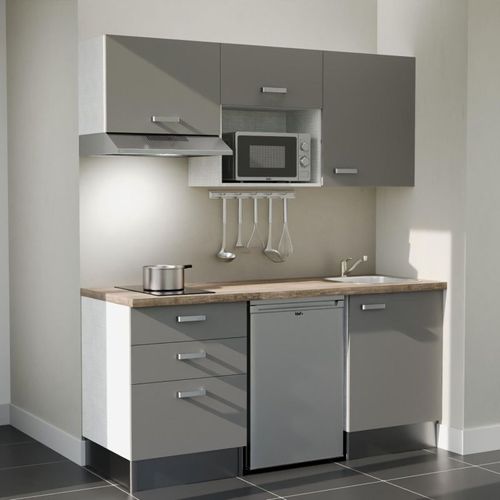 Kitchenette K20l-pt - 180 Cm-façade Gris-plan Bois-evier Inox-crédences Non+electro Inox