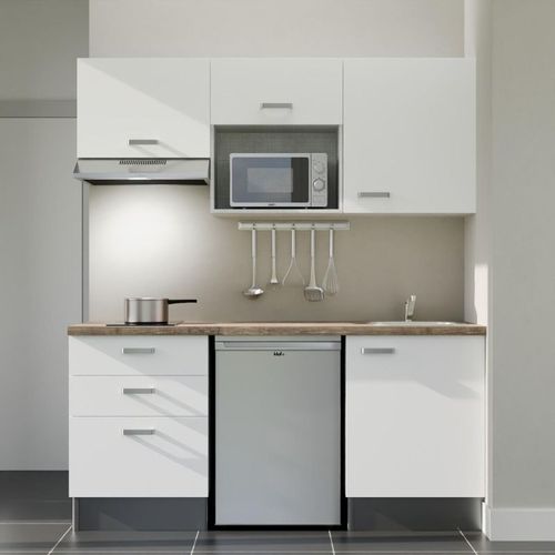 Kitchenette K20l-pt - 180 Cm-façade Blanc-plan Bois-evier Inox-crédences Non+electro Inox