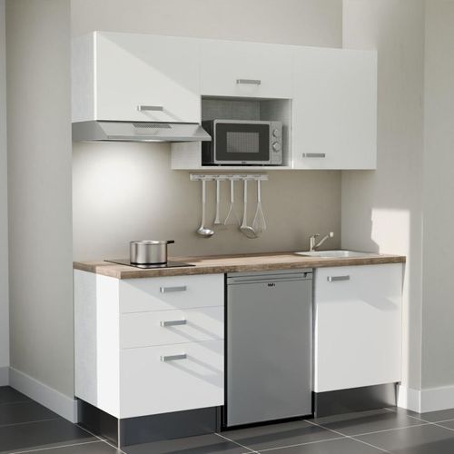 Kitchenette K20l-pt - 180 Cm-façade Blanc-plan Bois-evier Inox-crédences Non+electro Inox