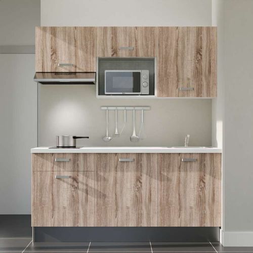 Kitchenette K30l-pt - 180 Cm-façade Bois-plan Blanc-evier Inox-crédences Non+electro Inox