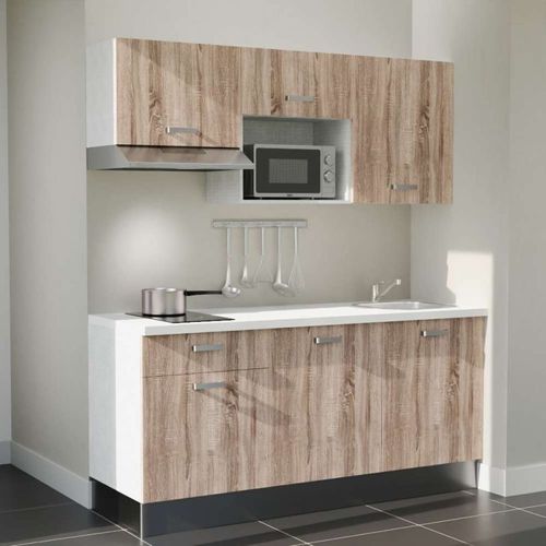 Kitchenette K30l-pt - 180 Cm-façade Bois-plan Blanc-evier Inox-crédences Non+electro Inox