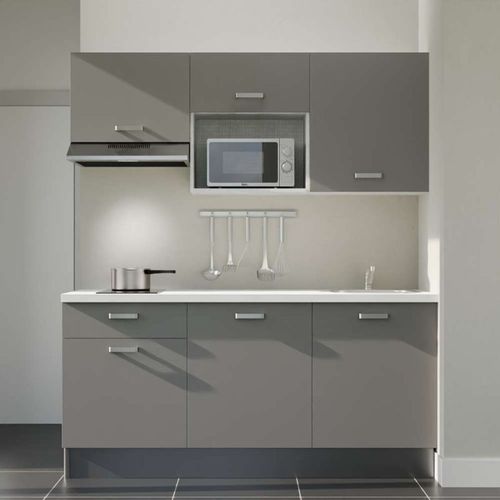 Kitchenette K30l-pt - 180 Cm-façade Gris-plan Blanc-evier Inox-crédences Non+electro Inox