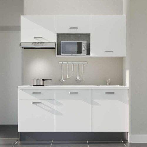 Kitchenette K30l-pt - 180 Cm-façade Blanc-plan Blanc-evier Inox-crédences Non+electro Inox