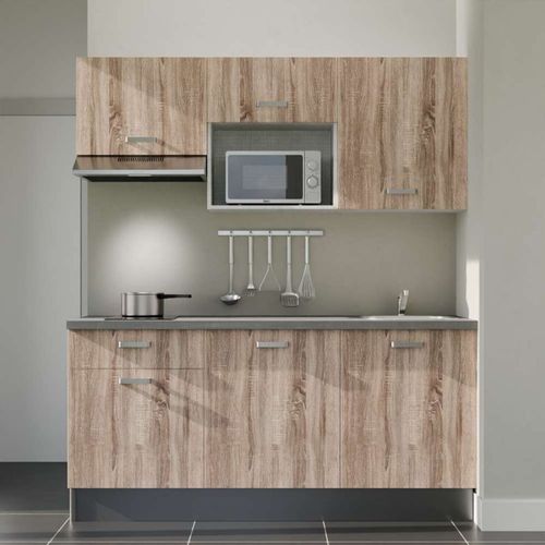 Kitchenette K30l-pt - 180 Cm-façade Bois-plan Gris Béton-evier Inox-crédences Non+electro Inox