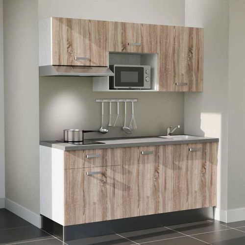 Kitchenette K30l-pt - 180 Cm-façade Bois-plan Gris Béton-evier Inox-crédences Non+electro Inox