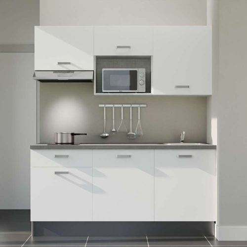 Kitchenette K30l-pt - 180 Cm-façade Blanc-plan Gris Béton-evier Inox-crédences Non+electro Inox